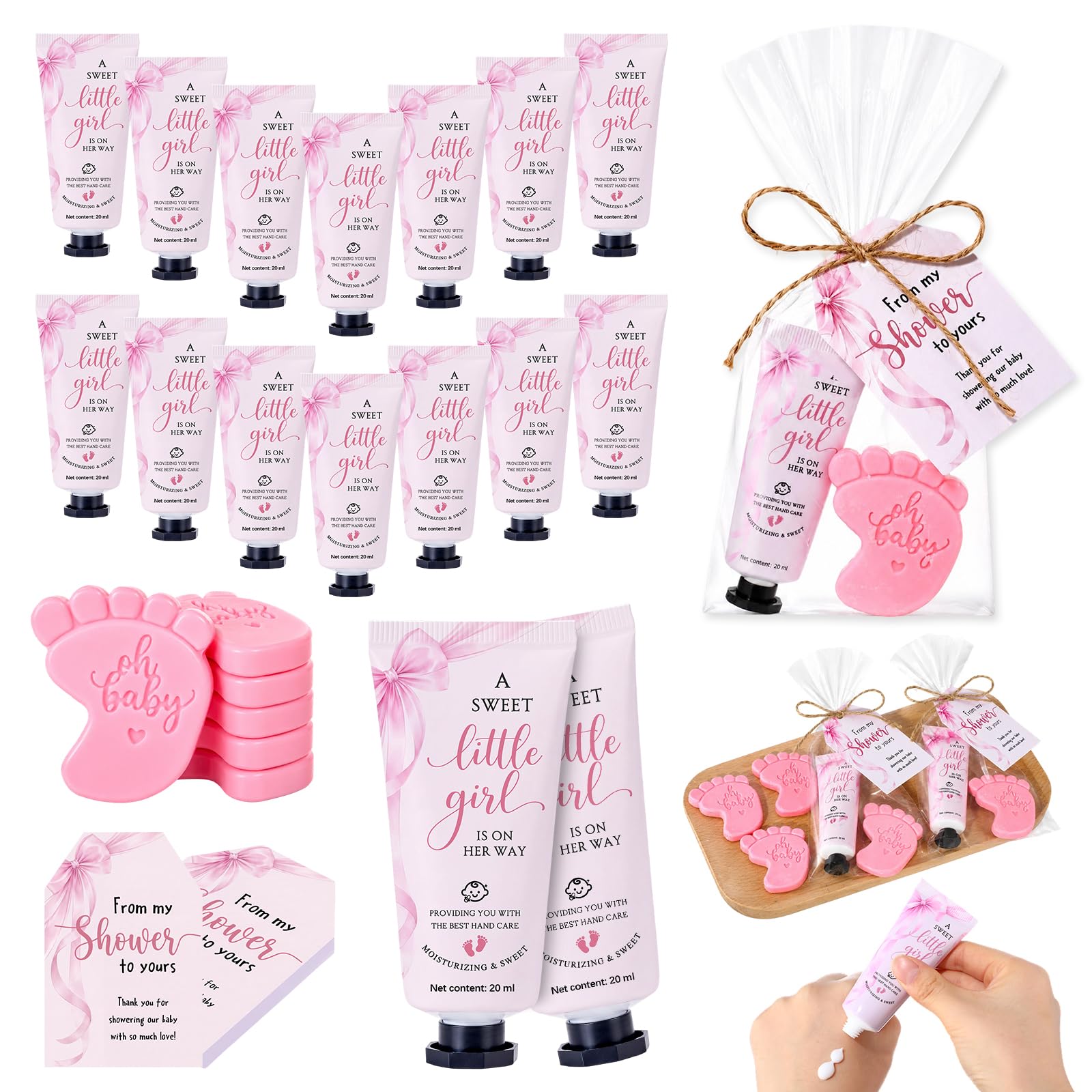 25 juegos de recuerdos de baby shower con lazo rosa para invitados, kit de crema de manos perfumada y jabón de huellas con tarjetas, bolsas de regalo transparentes y cordel para regalos de