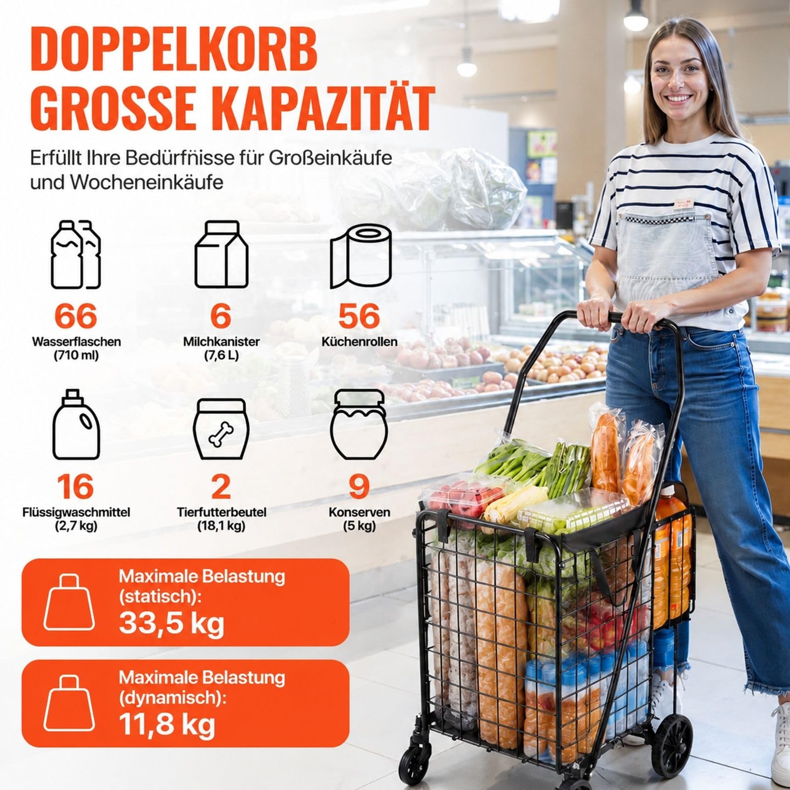 Zusammenklappbarer Einkaufsroller mit 2 Körben, Rollen und Auskleidung, für Wäsche, Einkaufen, Camping und Lebensmittel