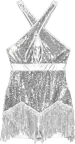 Miniatura 5 de iiniim Leotardo de jazz con lentejuelas para mujer, con flecos, borla para baile latino, ropa de baile