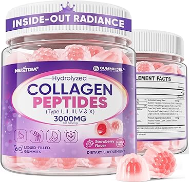 Collagen Gummies for Women & Men 3000mg, Hydrolyzed Collagen Peptides with Antioxidant Blend & Digestive Enzymes, Multi Collagen Type I,II,III,V,X for Anti-Aging, Hair, Skin, Nails, Sugar Free,60Cts