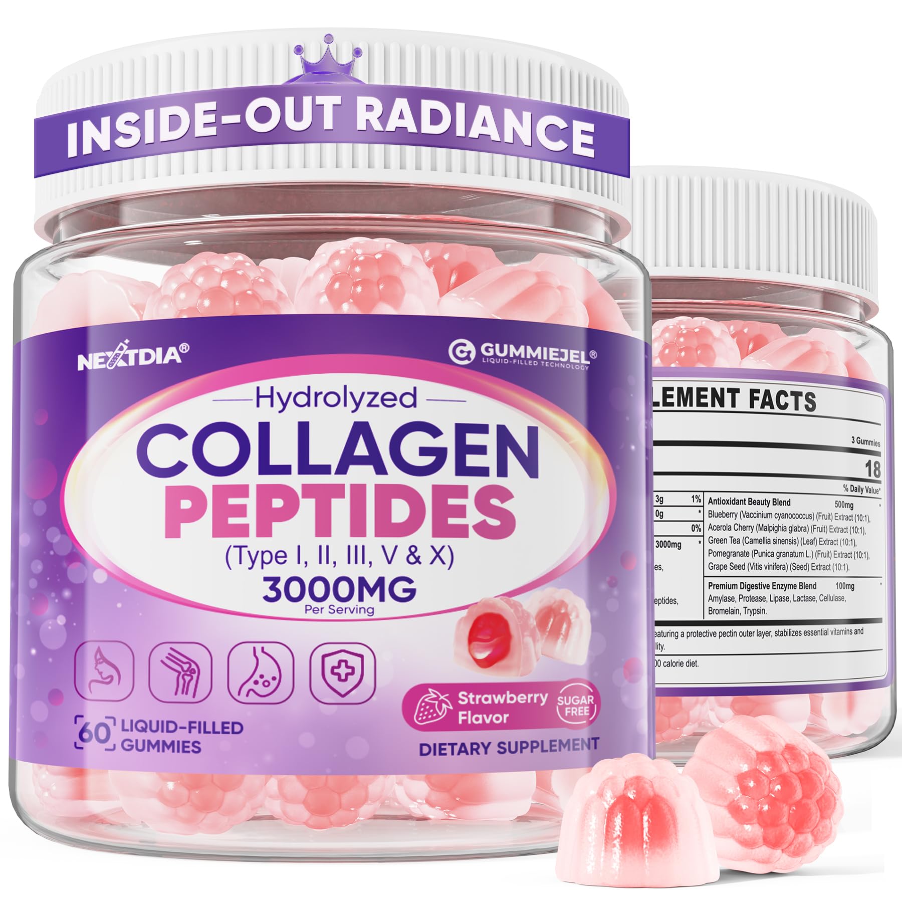 Collagen Gummies for Women &amp; Men 3000mg, Hydrolyzed Collagen Peptides with Antioxidant Blend &amp; Digestive Enzymes, Multi Collagen (Type I,II,III,V,X) for Anti-Aging, Hair, Skin, Nails, Sugar Free,60Cts