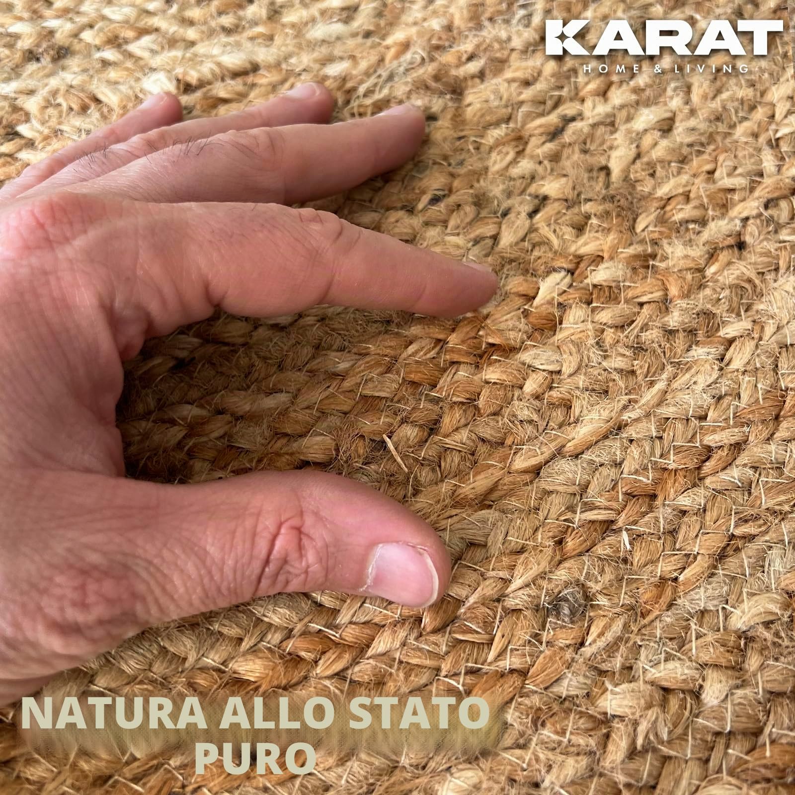 KARAT Tappeto Rotondo in Iuta, in 100% Fibra Naturale, Intrecciato, Tappeto Naturale Intrecciato a Mano, per Cucina e Soggiorno, Robusto e Resistente agli Strappi, Ø 200 cm (Surat)