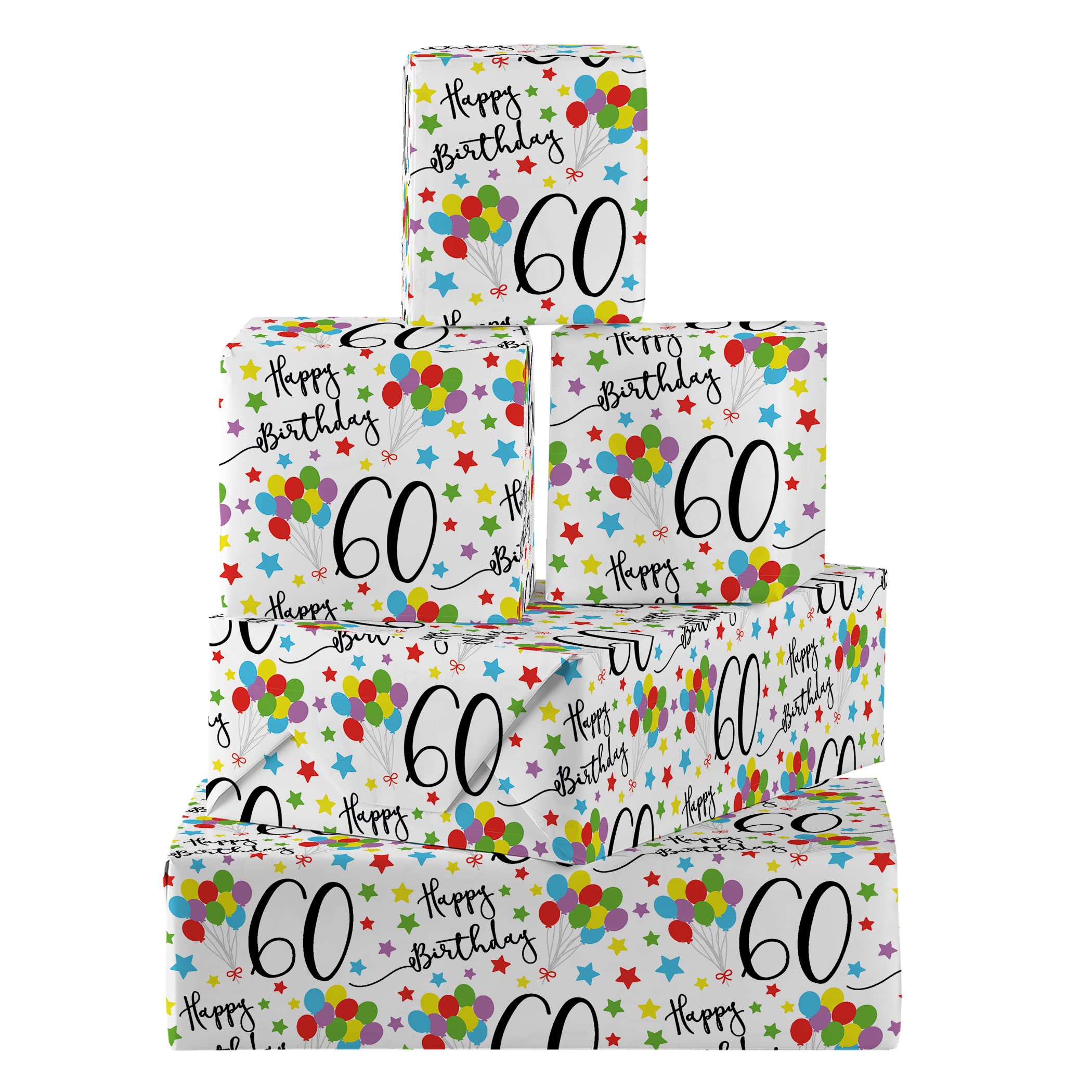 Hunts England - 5 Sheets Of 60th Birthday Fun Wrapping Paper - Includes 5 Gift Tags - Age 60 Folded Gift Wrap For Him/Her - Iconic Collection - Colourful Age Sixty Gift Wrap For Men/Women