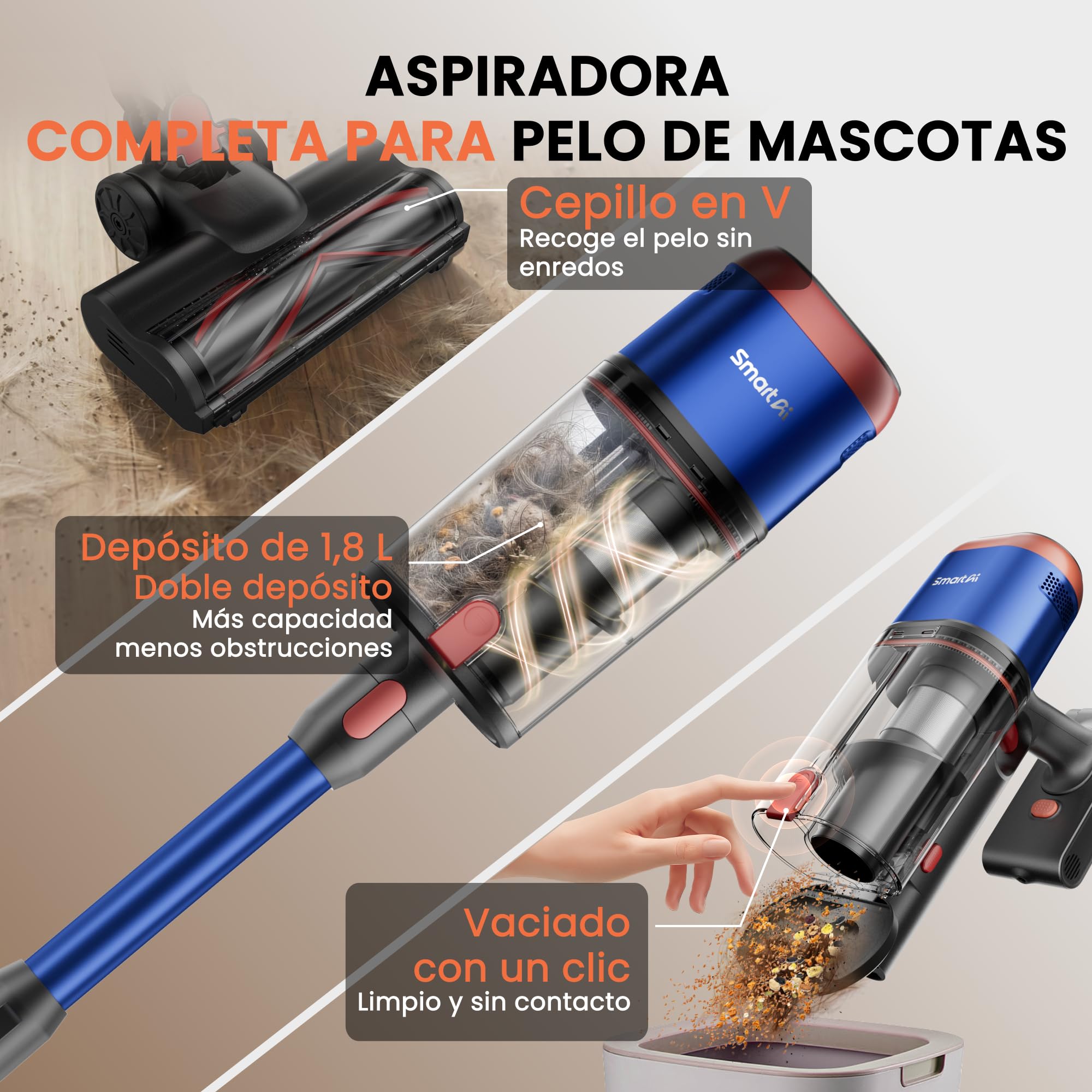 V15 Ultra Aspiradora sin Cable 58000Pa/600W/75Min, Doble Depósito 1,8L, Tubo Flexible, Cepillo en V Antienredos, Aspirador Escoba sin Cable para Pelo de Mascotas y Suelo Alfombra