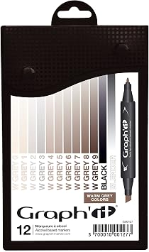GRAPH'IT Pack of 12 Double Ended Alcohol Based Markers Warm Greys colors