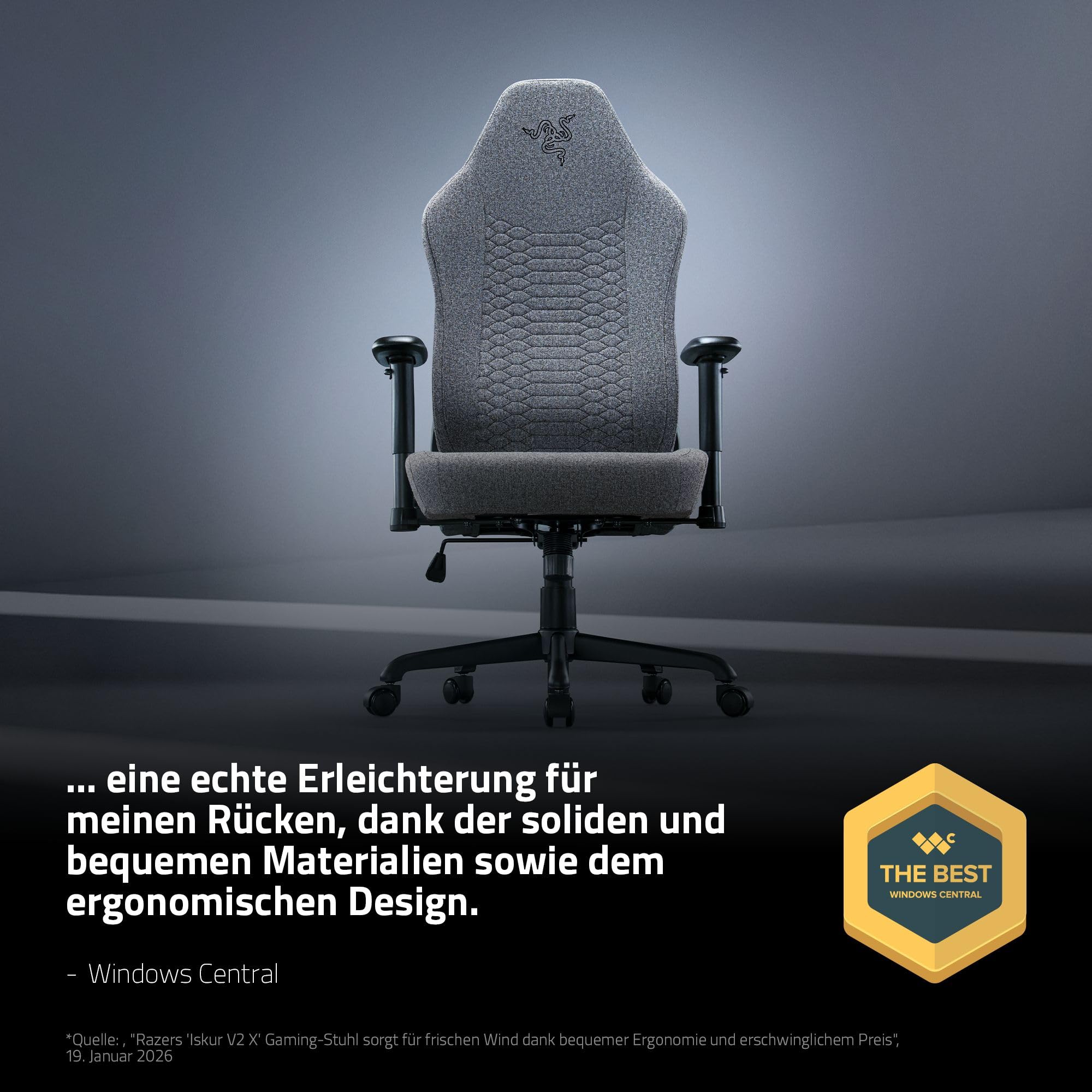 Razer Iskur V2 X - Basis-Gaming-Stuhl mit integrierter Lendenwirbelstütze (hochverdichtete Schaumstoffpolster, 2D-Armlehnen, weicher Stoff) Grau