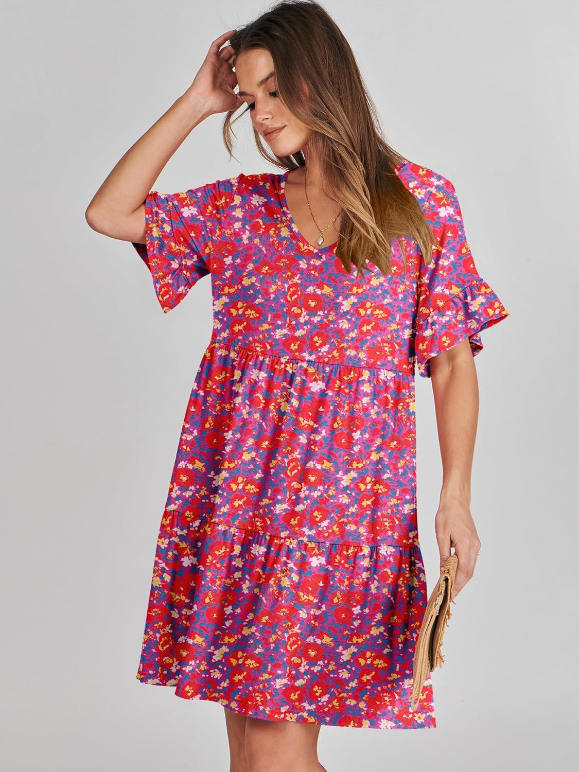 ANRABESS Dresses for Women Summer 2026 V Neck Ruffle Sleeve A Line Tiered Flowy Casual Trendy Mini Beach Dress with Pockets - Image 7