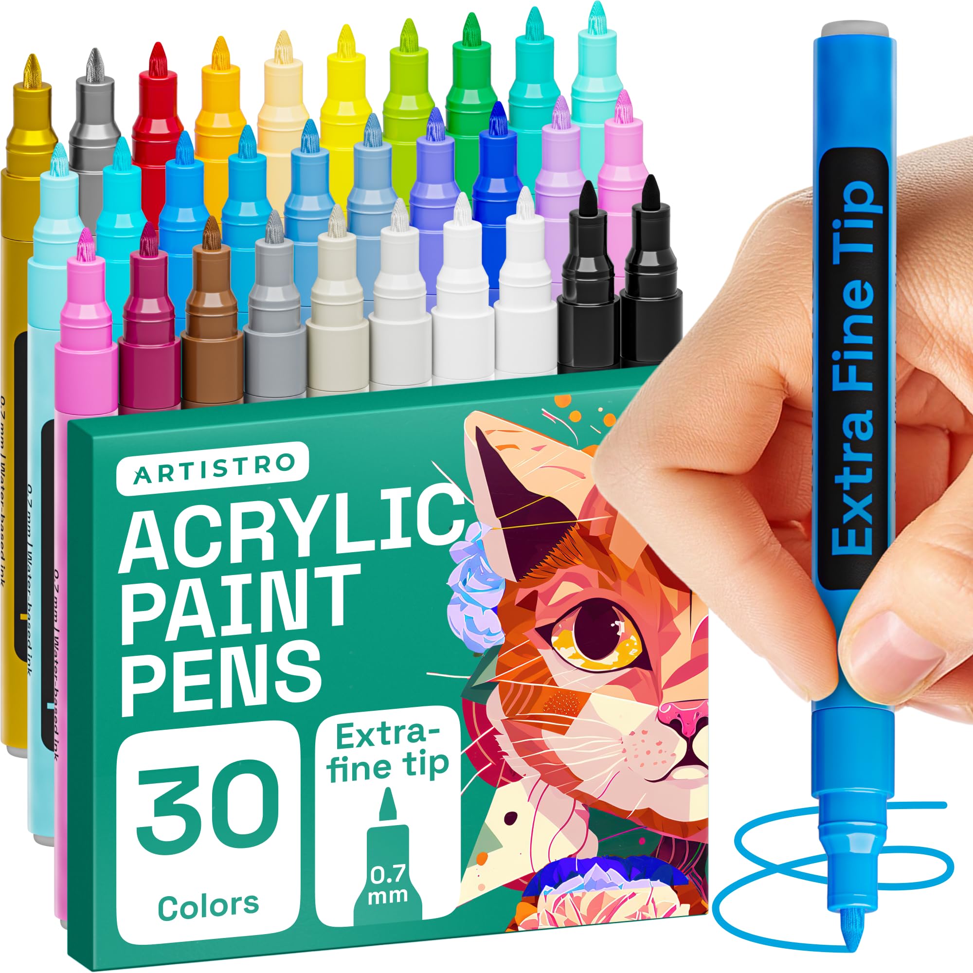 ARTISTRO 30 Acrylic Paint Pens, Art set for Rock Painting, Stone, Ceramic, Glass, Wood, Mugs, Metal, Fabric, Canvas, 28 Assorted Colors + Extra Black & White Paint Markers, Extra Fine Tip 0.7mm