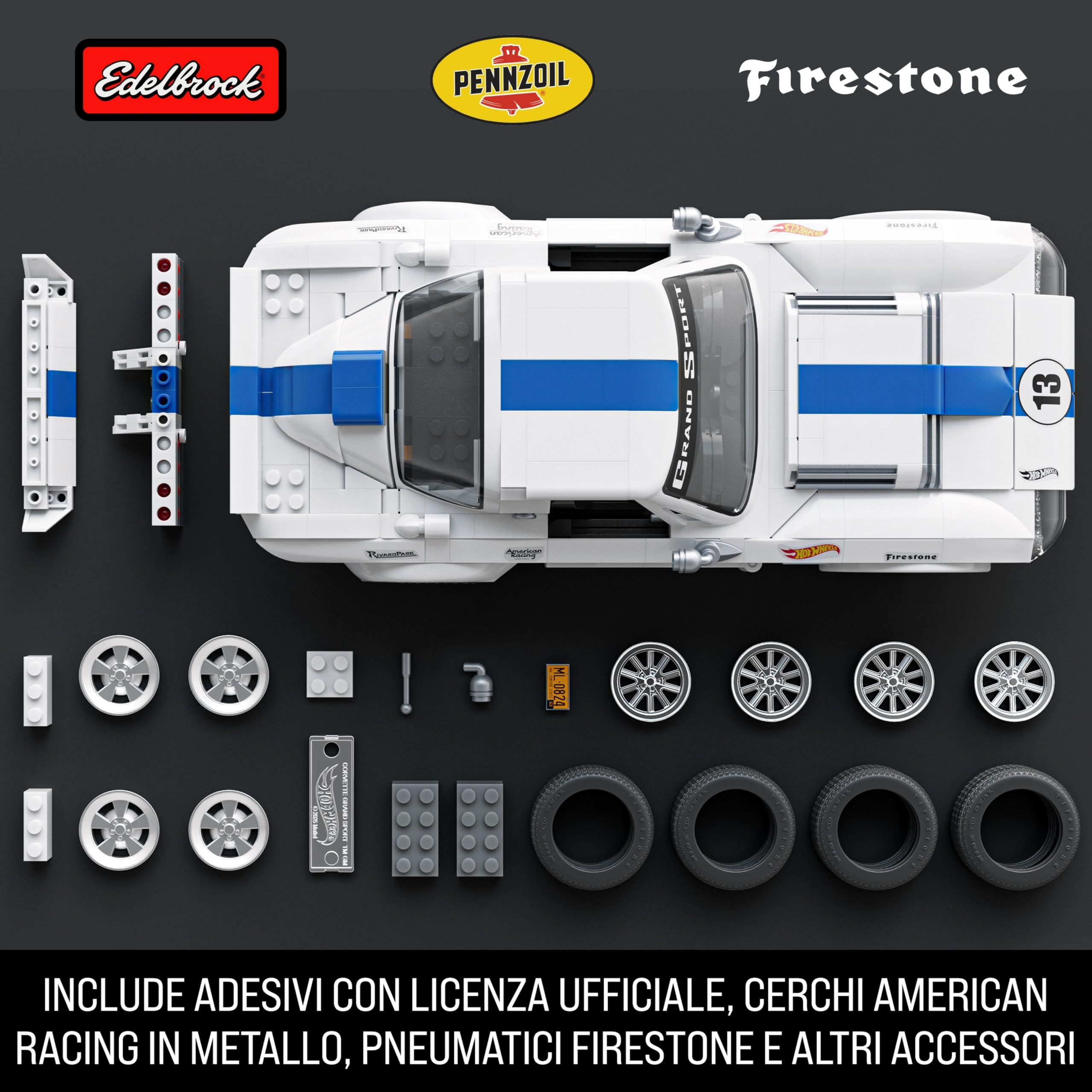 Mattel Brick Shop Hot Wheels,set da costruire, Corvette Grand Sport, 918 pezzi, dettagli realistici e adesivi per personalizzare l'auto, per collezionisti adulti e bambini dai 10 anni in su, JGR31