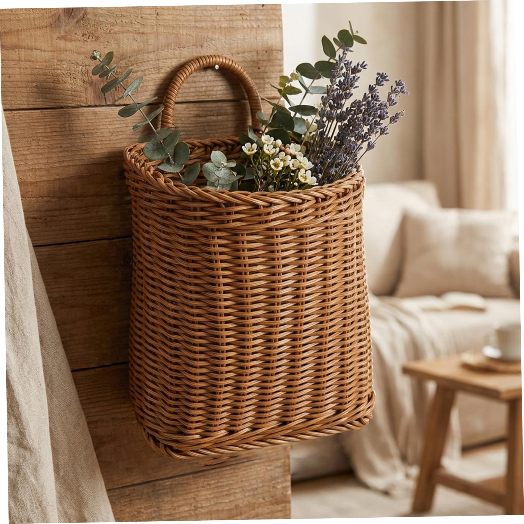 Wicker Hanging Basket Woven Wicker Wall Baskets for Front Door Hanging Wall Basket with Handle for Flowers, Small Plants, Farmhouse & Garden Decor