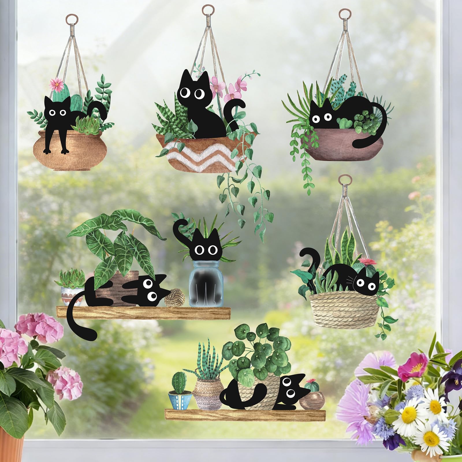 CHDITB Black Cats Potted Plant Wall Decals Stickers,Black Cat Plants Green Window Cling Decals Self Adhesive,Cartoon Kitty Botanical Potted Spring Sticker for Bedroom Living Room Kitchen Decorations โ image 1