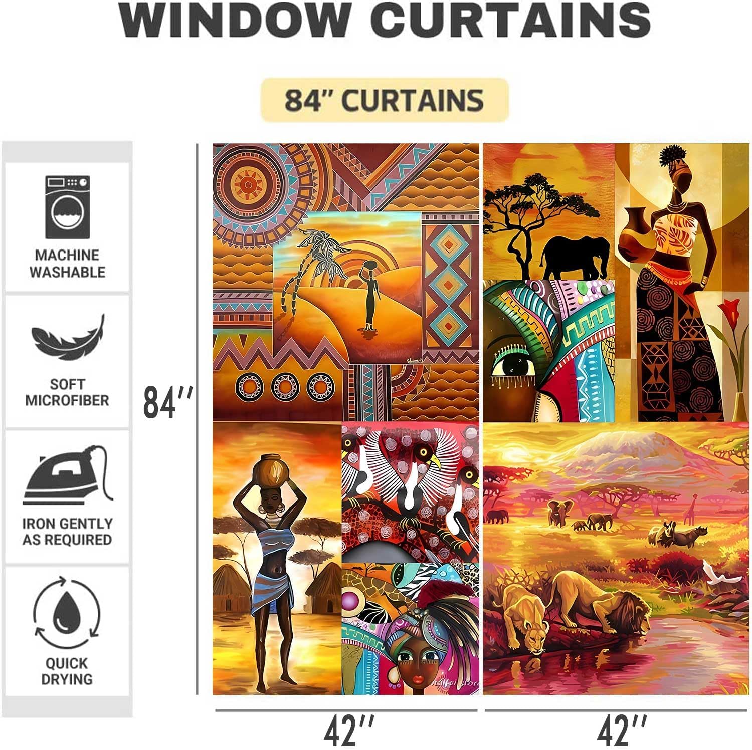 African Curtains Black African Woman Labor Ethnic Style Curtains Modern Art Patchwork Window Drapes African Savannah Lion Elephant Window Treatments for Bedroom Living Room 42x84inch CLDWMS0225 - Image 2
