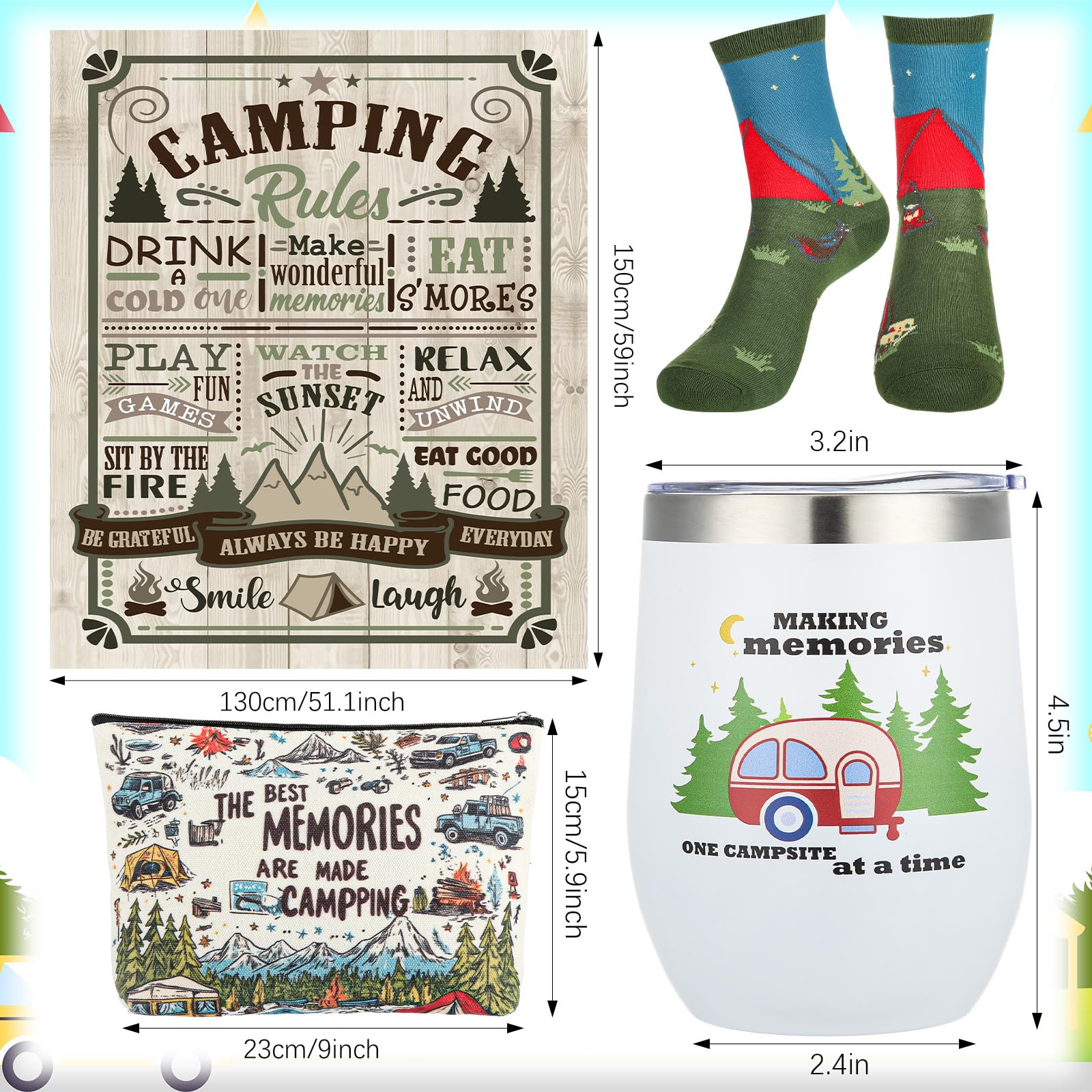 Patelai 4 Stück Camping-Geschenke für Damen und Herren – inklusive Trinkgläser, Überwurfdecke, Socken, Kulturbeutel für fröhliche Camper-Dekoration, Outdoor, Picknicks, Wandern, Wohnmobil-Ausflüge