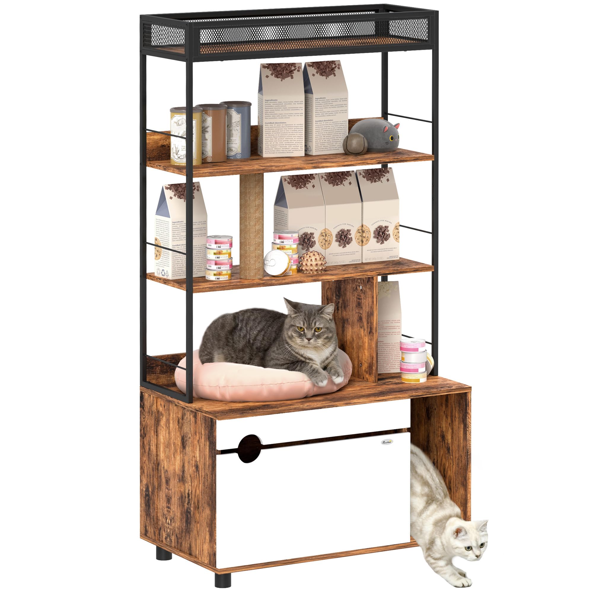 PawHut Katzenklo-Schrank, Katzenschrank, 2 in 1 Versteckter Katzentoilette mit 3-Ebenen-Regal, Kratzpfosten, Klapptür, Katzenhaus für Katze unter 6 kg, 80 x 48 x 152 cm, Rustikal-Braun