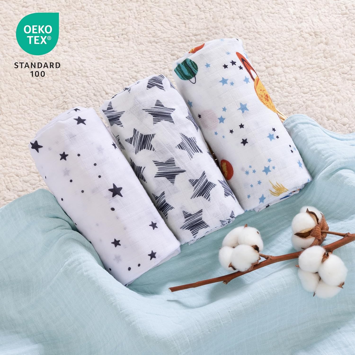 david's kids 4 Pack Baby Muslin Swaddle Blankets, 100% Cotton and Ultra Soft Breathable Receiving Blanket Wrap for Boys Girls, New Born Essentials, Large 47 x 47 inches, Space&Stars