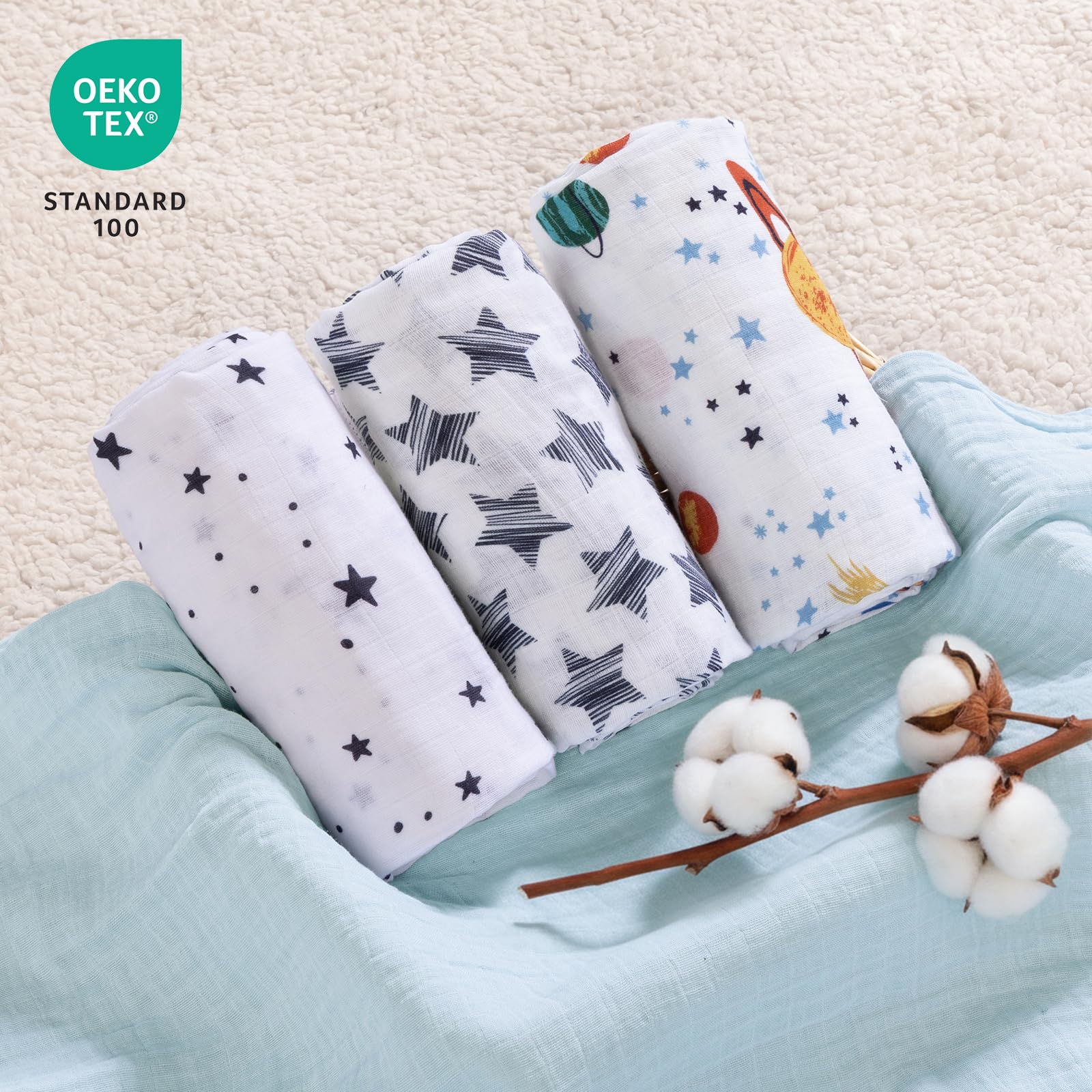 david's kids Paquete de 4 mantas de muselina para bebé, 100 % algodón, para niños y niñas, manta de recepción ultra suave y transpirable, esencial para recién nacidos, espacio y estrellas