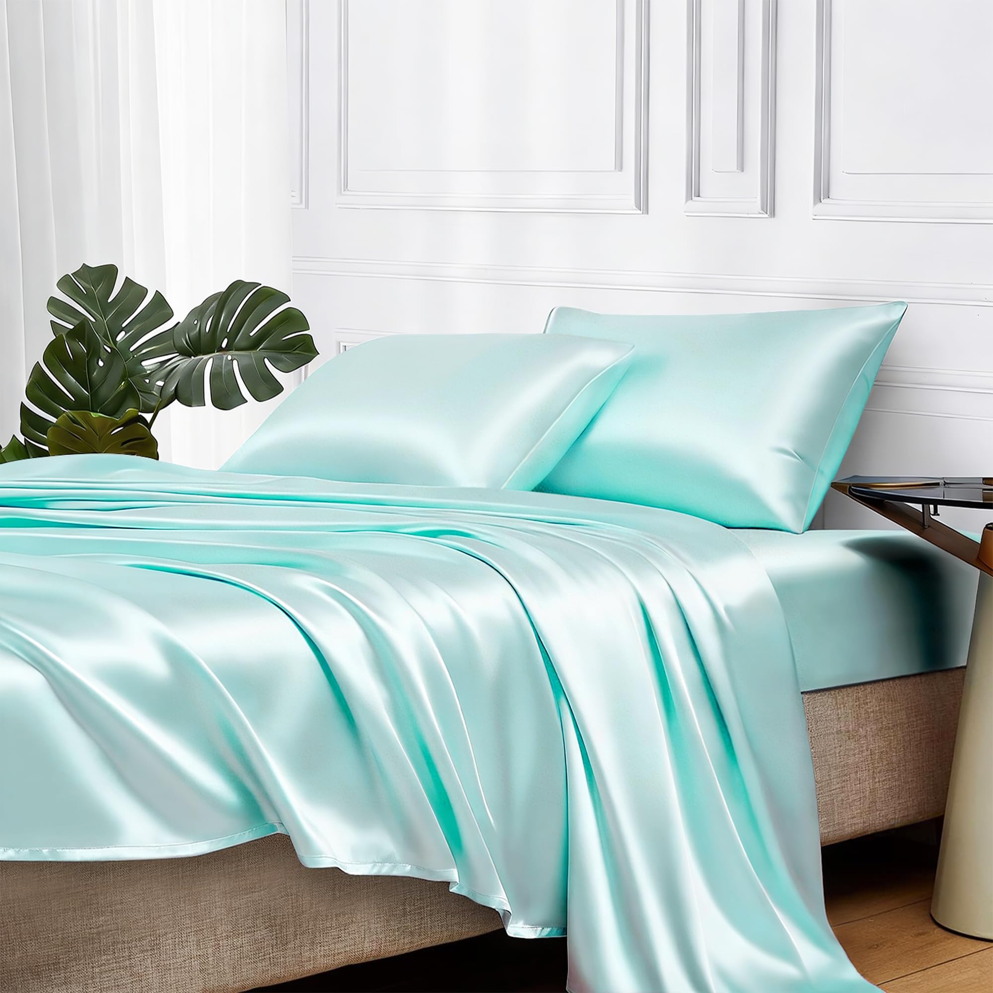 MR&HM Satin Bed Sheets, King Size Sheets Set, 4 Pcs Silky Bedding Set with 15 Inches Deep Pocket for Mattress (King, Turquoise)