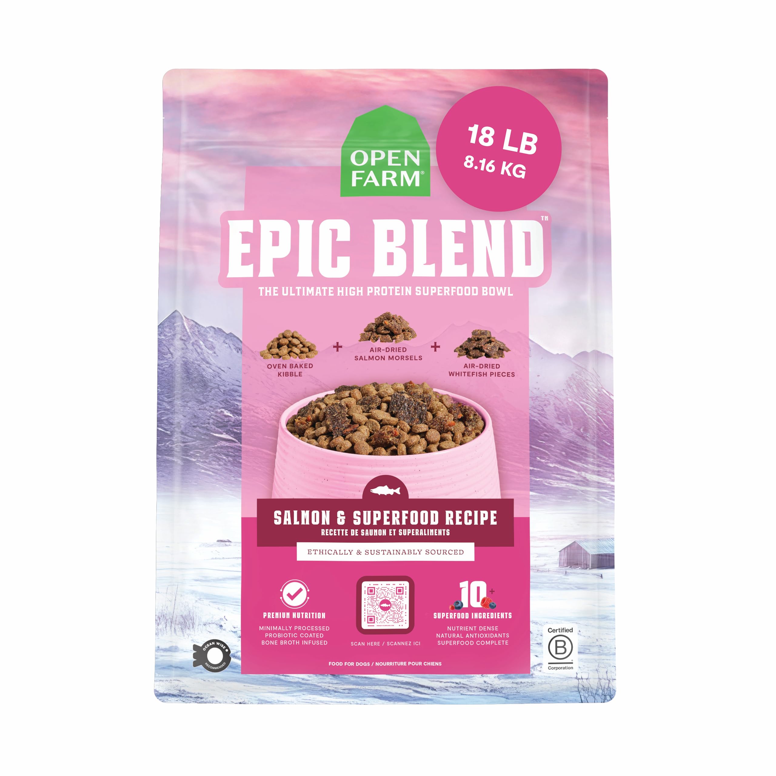 Open Farm, Epic Blend High Protein Dry Dog Food, Probiotic Coated & Bone Broth Infused Kibble with Air Dried Meat & Organs, Minimally Processed & Nutrient Dense, Salmon & Superfood Recipe, 18lb Bag