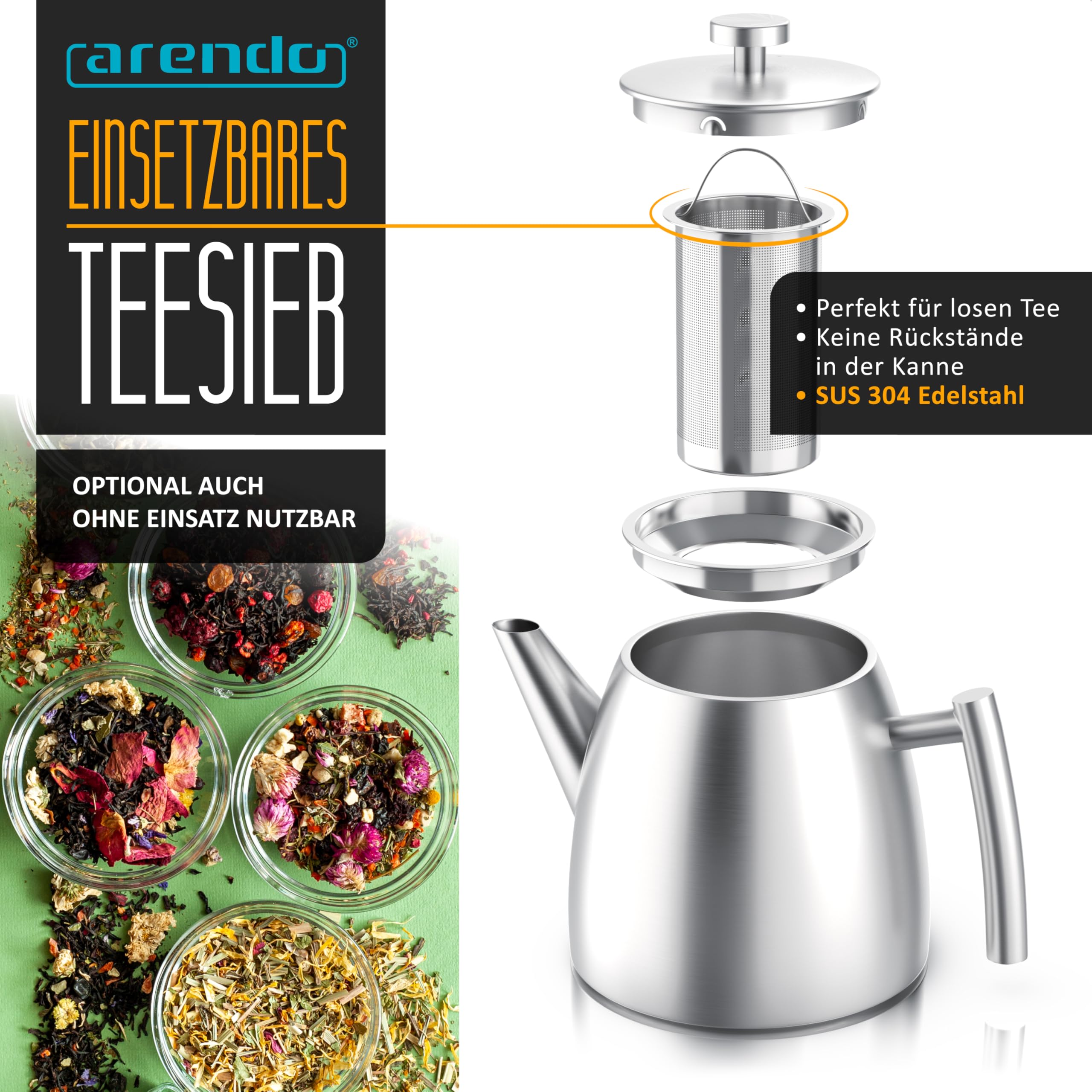 Arendo - Teekanne Edelstahl mit Siebeinsatz – 1000 ml - Teekanne thermo doppelwandig – Silber