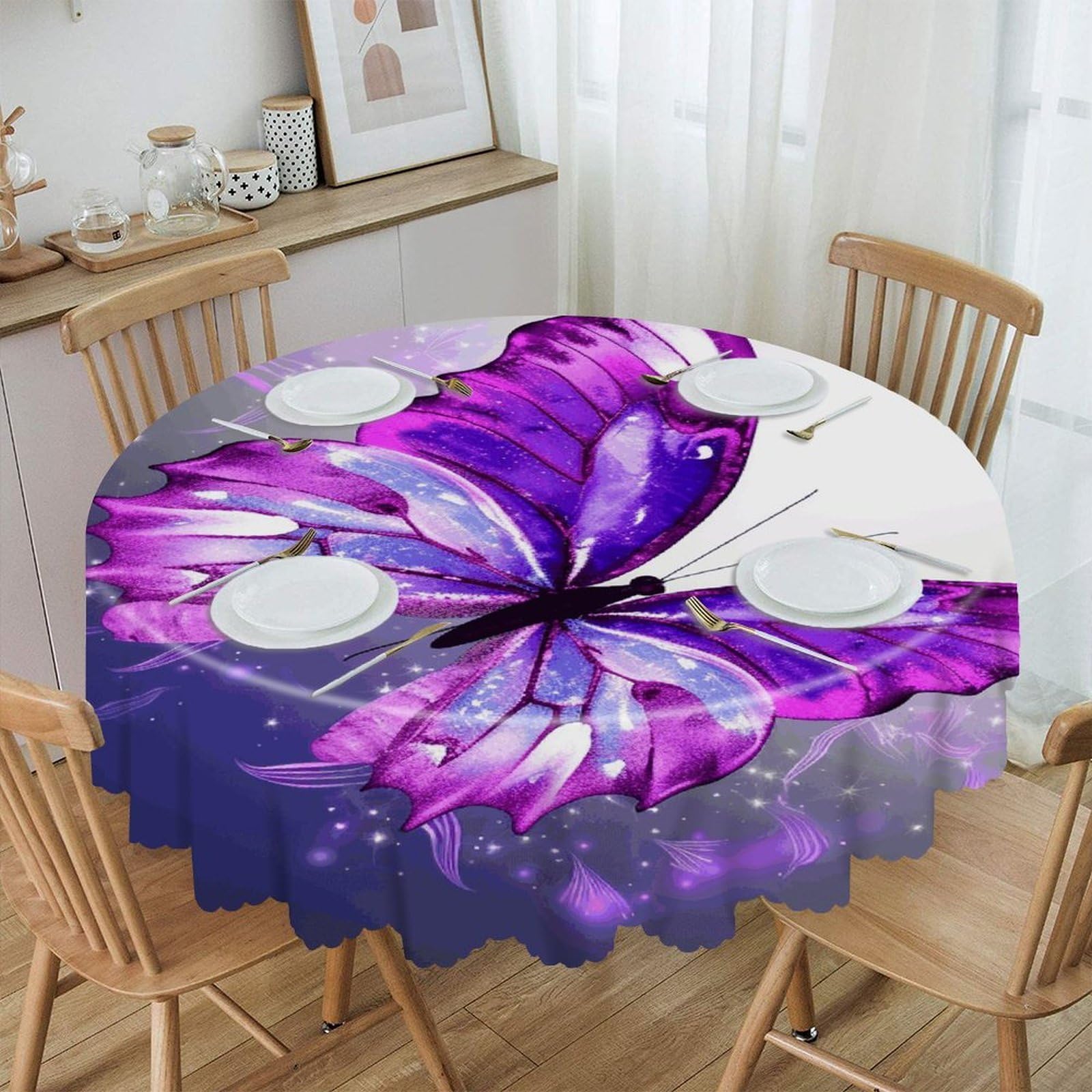 FekiLoot Purple Butterfly Round Tablecloths 60 Inch Resistant Washable Polyester Table Cloth Style Decorative Circle Fabric Table Cover for Dining Kitchen Party Farmhouse Outdoor