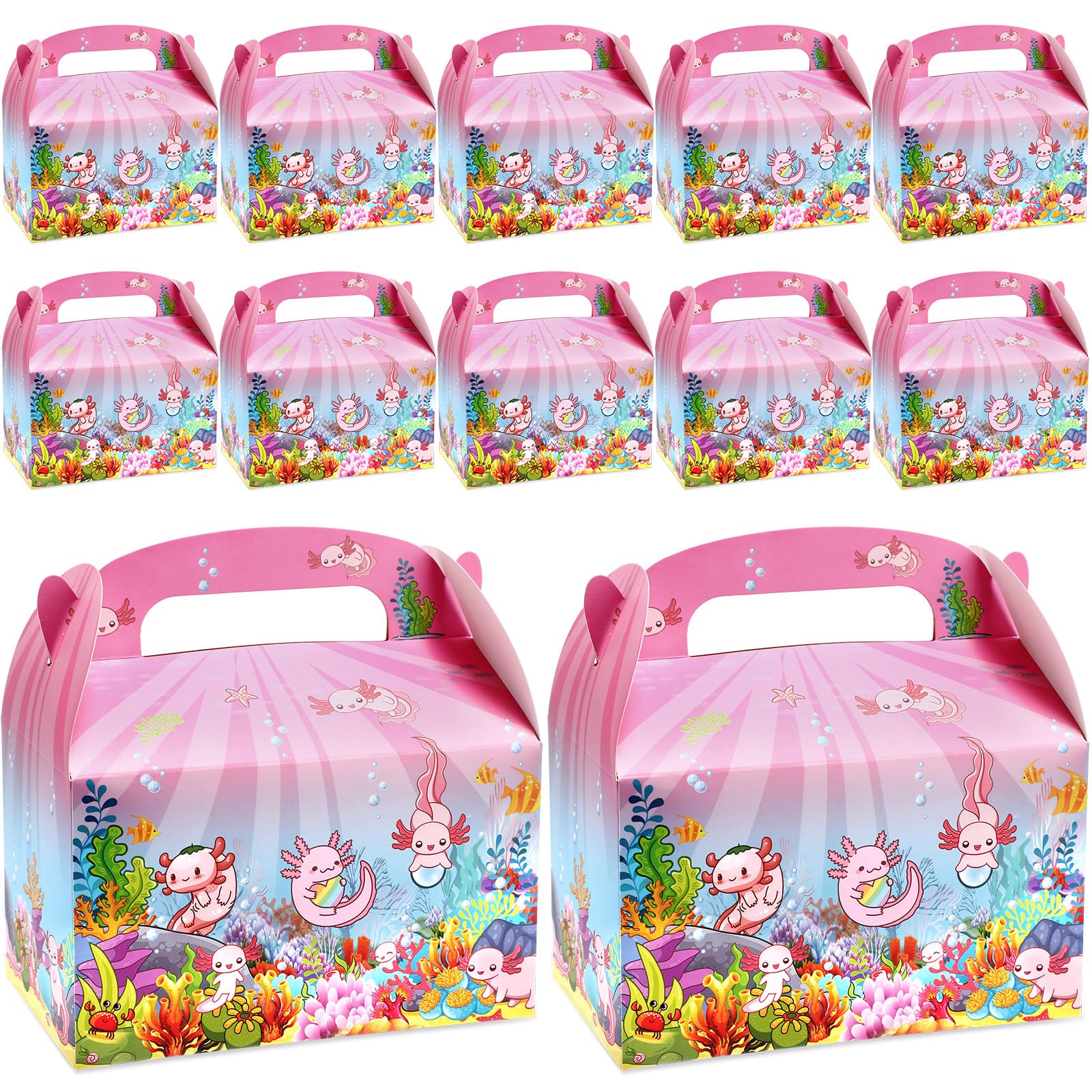 Saypacck 12 Pack Axolotl Party Favor Boxes Amphibian Axolotl Treat Candy Gift Boxes with Handles for Themed Birthday Party Decorations Supplies