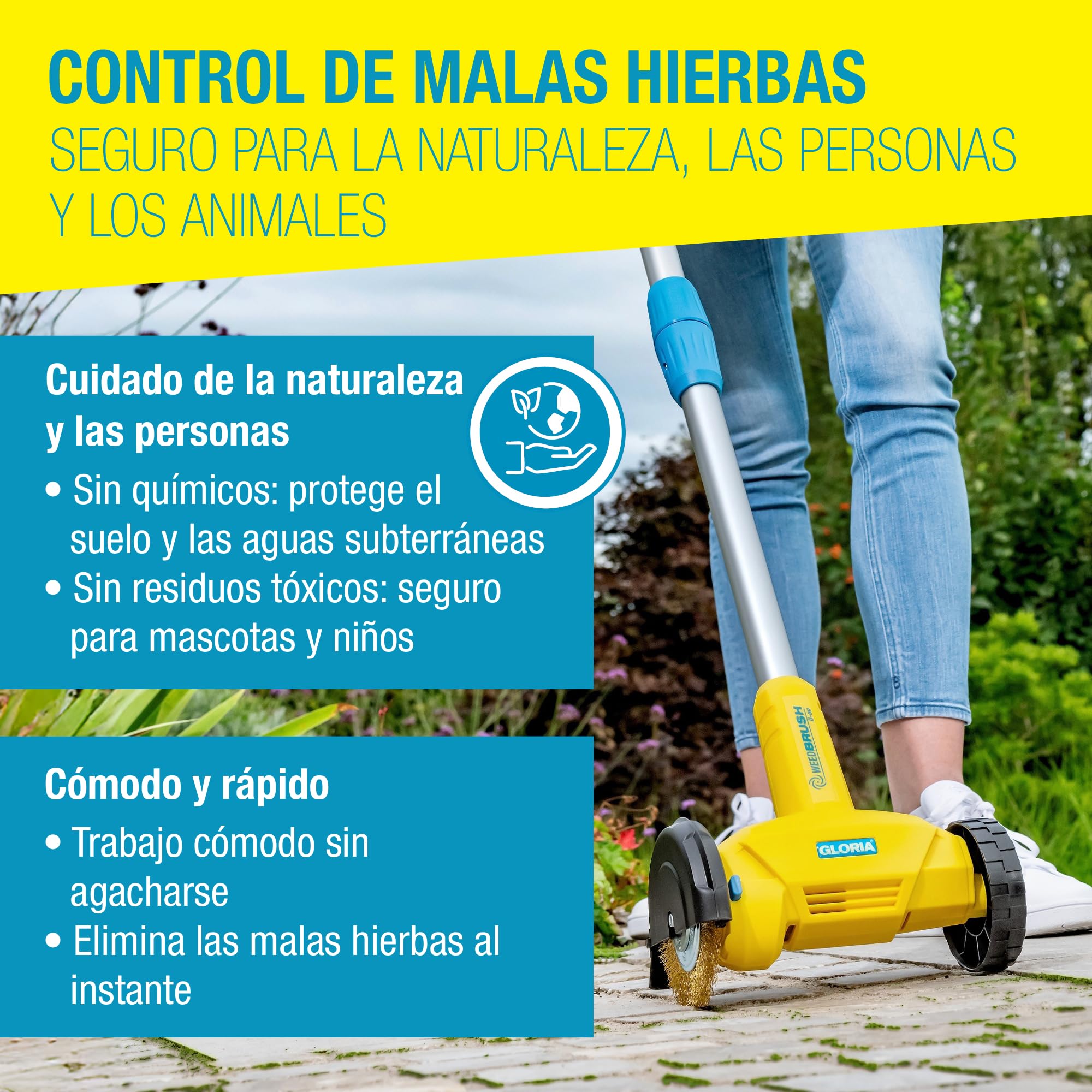 GLORIA Rascador de Juntas Eléctrico WeedBrush | Cepillo para Malezas 230V | A cavo 230V | Limpieza de juntas de terrazas y adoquines | Mango ergonómico ajustable | Incluye cepillo de alambre de acero