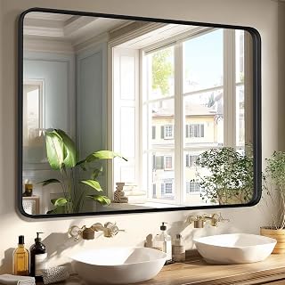 Sweetcrispy Bathroom Mirror 40x30 Inch, Vanity Mirror for Wall | Metal Framed Rounded Rectangle, Over Sink, Farmhouse Restroom, Anti-Rust, Horizontal or Vertical Hanging, Black