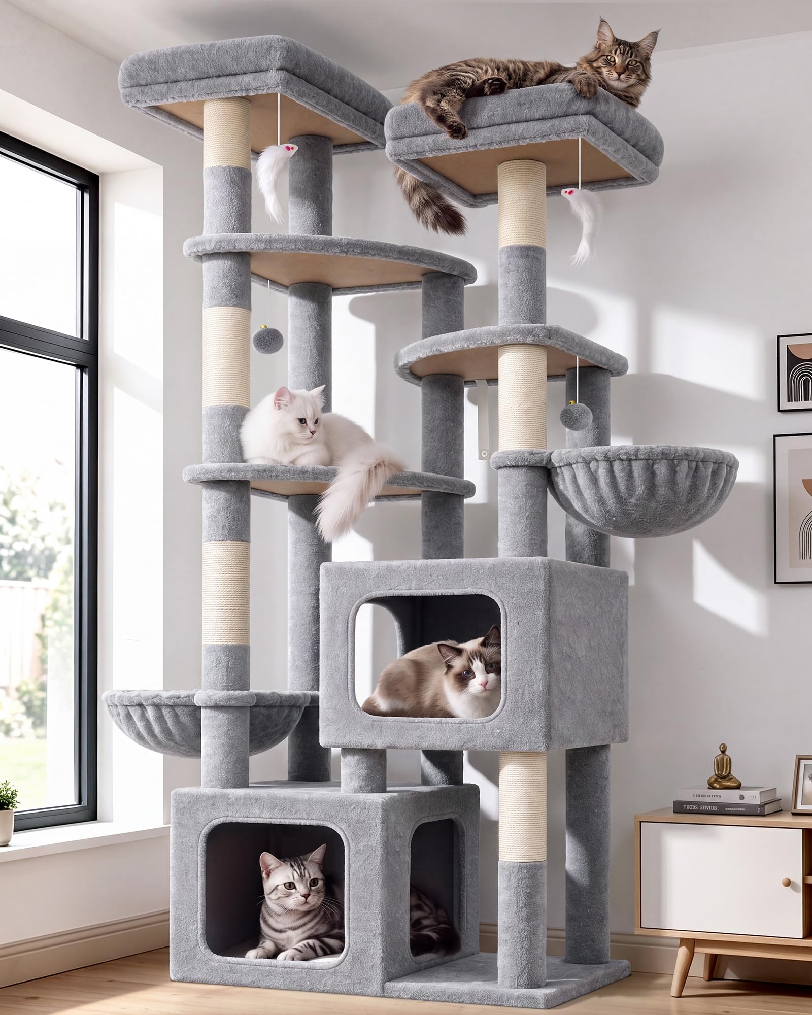 Globlazer S74E Kratzbaum XXL 189cm Hellgrau mit 2 Höhlen für Große Katzen | Stabiler Katzenbaum mit 2 XXL Katzenhäusern 45x40cm, 2 Liegemulden Ø35cm, 2 Waschbaren Aussichtsplattformen & 70x45cm Basis