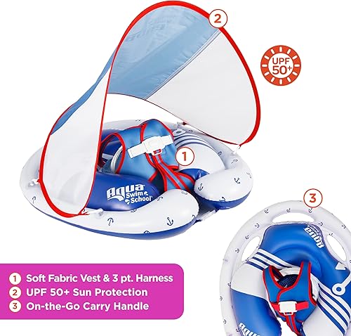 Miniatura 2 de SwimSchool Freestyle Swimmer Baby Pool Float with Multi-Position, Adjustable Safety Seat, Free Swimming, Dual Air Chambers Safe, Red-White-Blue