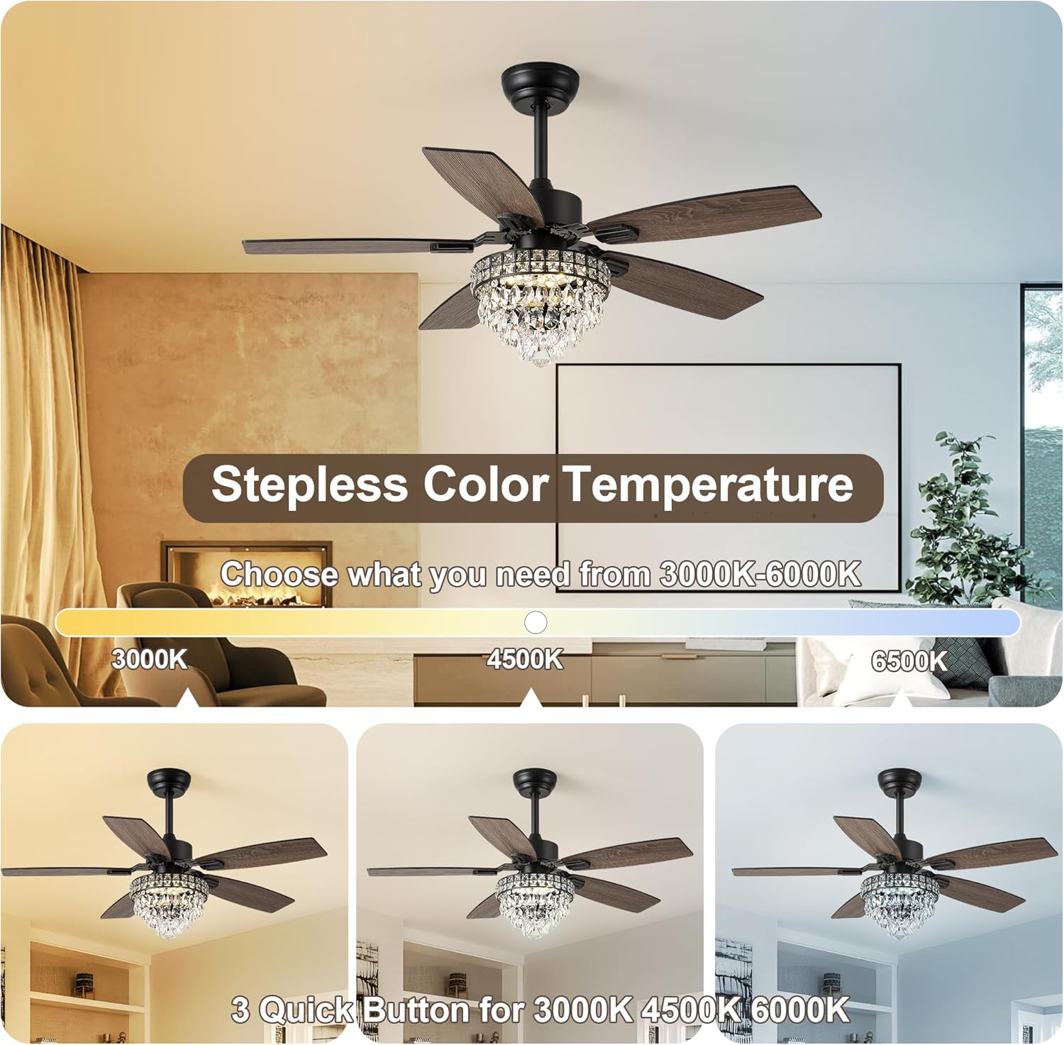 Chandelier Ceiling Fans with Lights and Remote,42in Chandelier Fan Ceiling,Crystal Ceiling Fan Fandelier with Lights,6 Speed 3 Timer Quiet Ceiling Fan for Bedroom (Black, 52 Inch)