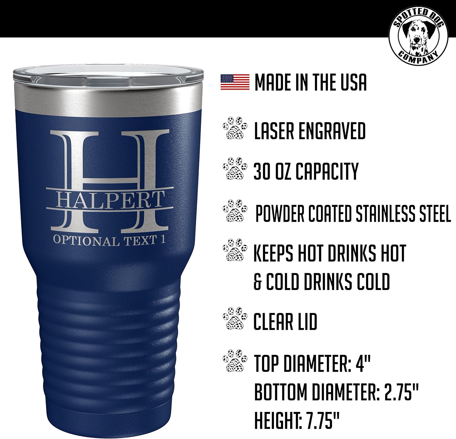 Personalized 30oz (17 Colors) Powder Coated Insulated Stainless Steel Tumbler with Lid, Custom Etched, Customized Engraved Gift Idea for Women Men Her Him, Halpert Monogram Initial Name (Navy Blue)