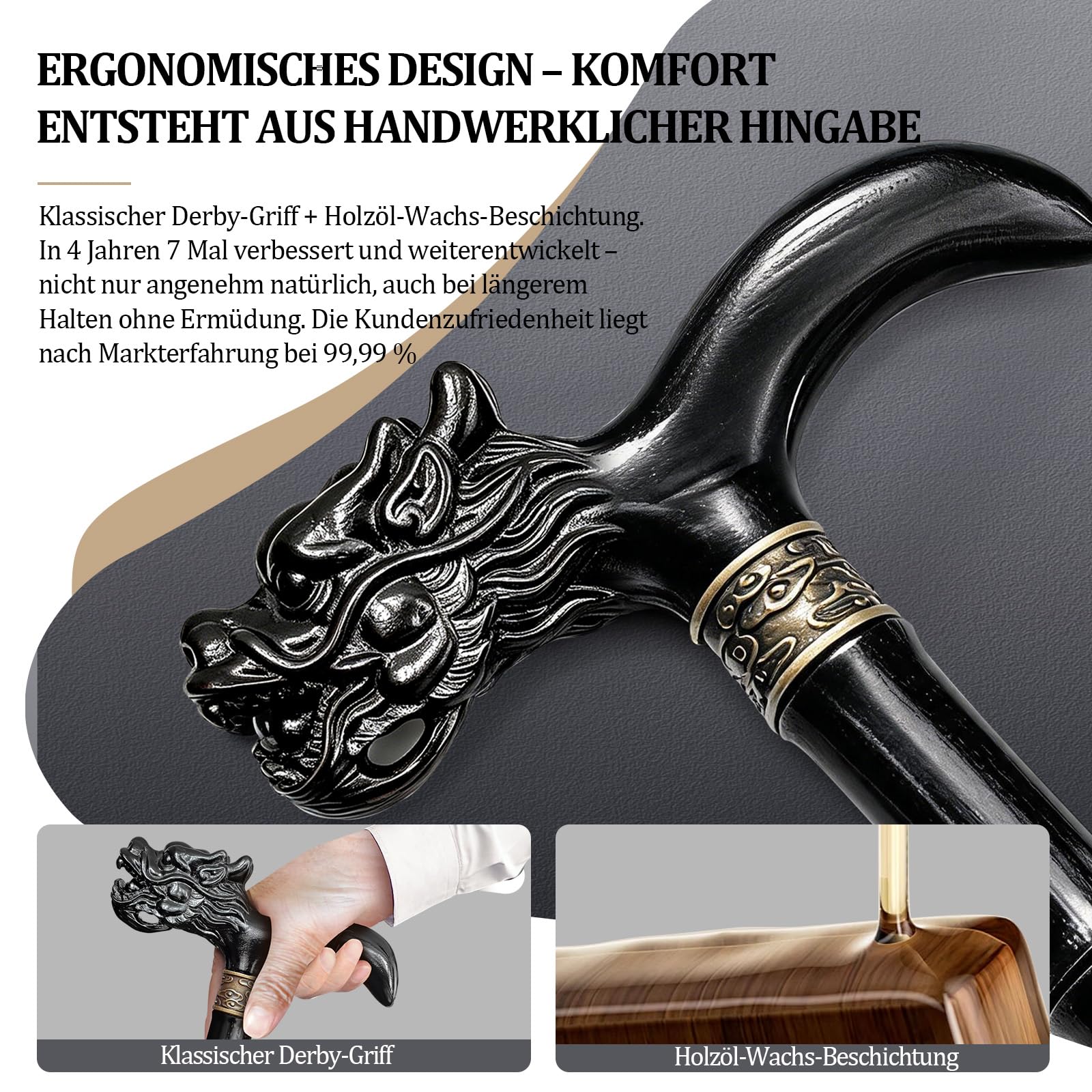 Gehstock Holz, Handgeschnitzter Hochwertiger Gehstock Herren und Damen, Leichtes Design trägt bis zu 226kg Gestöcke für Senioren, Geeignet zum Verschenken