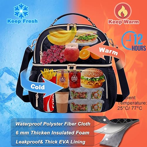 Miniatura 5 de Weitars Lonchera para mujer, lonchera de doble compartimento para mujer, bolsa de almuerzo para el trabajo, lonchera grande aislada a prueba de
