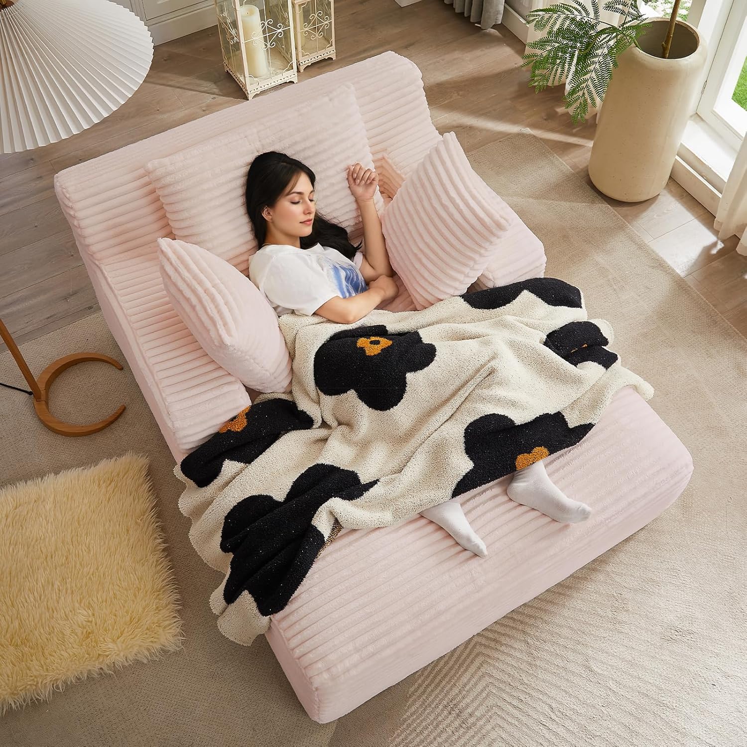 Corduroy Oversized Chaise Lounge Chair Indoor, 50"W Upholstered Fluffy Cloud Couch with 3 Pillows, Deep Seat Sofa, Comfy Reading Armchair, Sleeper Sofa Bed Chair for Living Room, Bedroom(Pink)