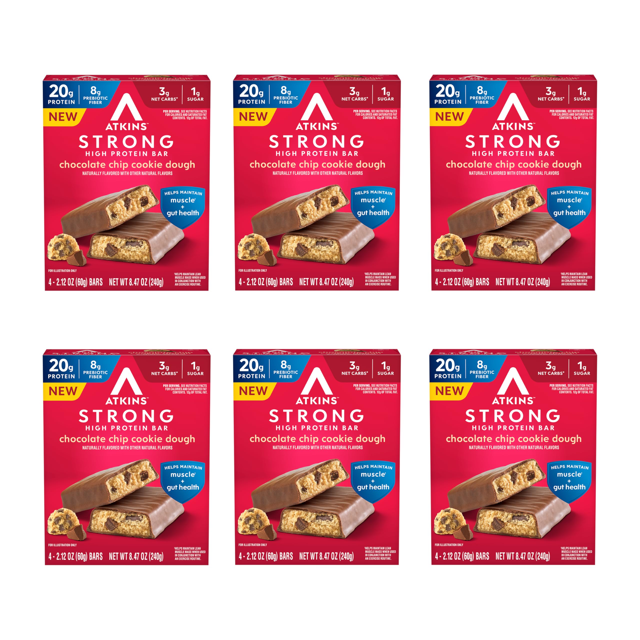 Atkins Strong Chocolate Chip Cookie Dough High Protein Bars, 20g Protein, 2g Sugar, 4 Count (Pack of 6)