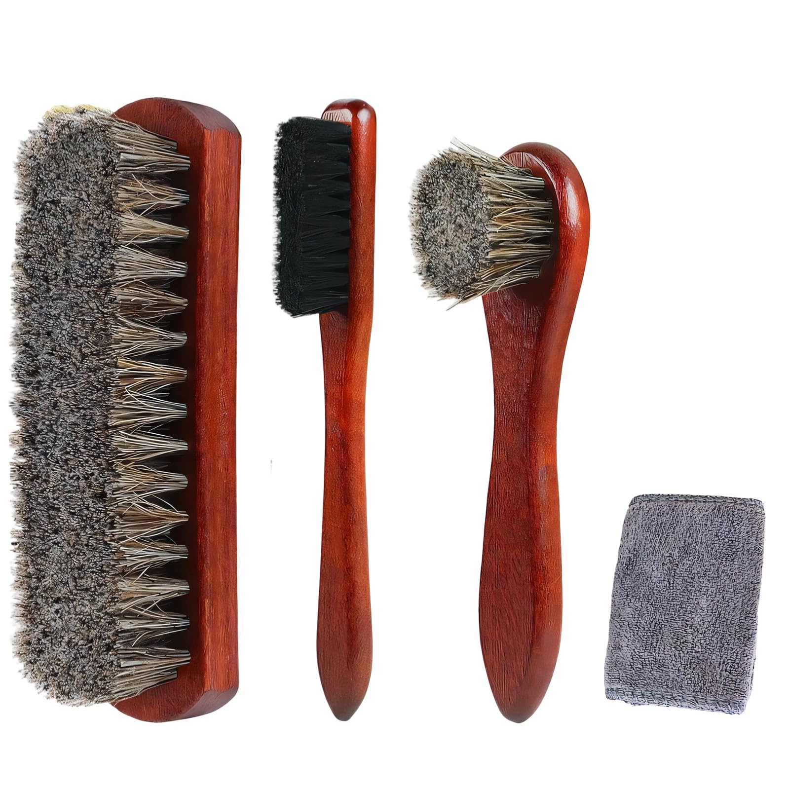 Brosses à Chaussures 4 Pièces, Crin de Cheval, Cuir Daim Cirage | 3 brosses en crin de cheval + chiffon microfibre pour cirage, nettoyage et entretien cuir, daim, bottes et sacs.