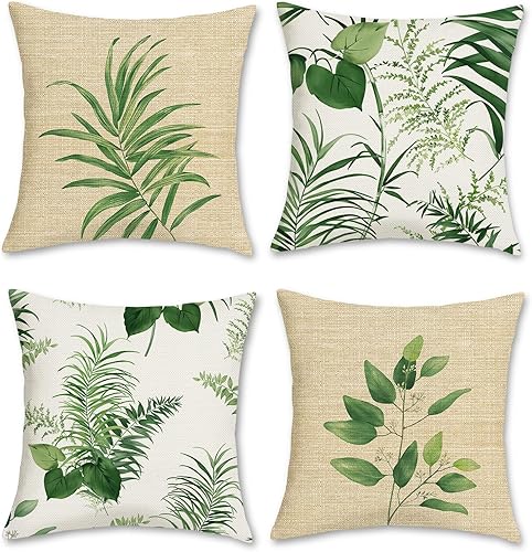 Bonhause Juego de 4 fundas de almohada de hojas de primavera de 18 x 18 pulgadas fundas de almohada decorativas botánicas de plantas verdes fundas