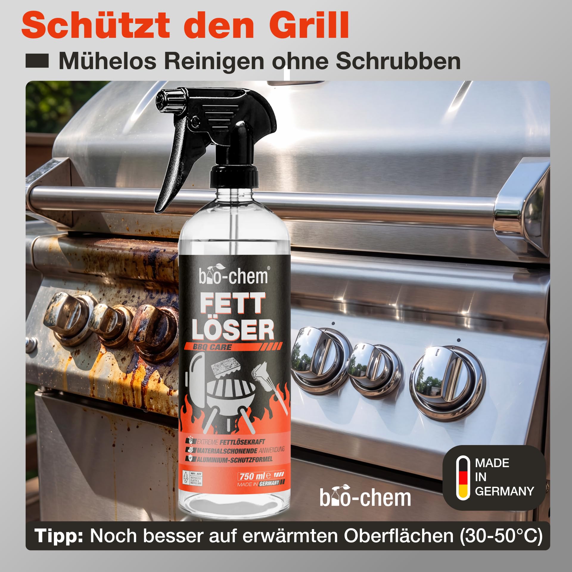 bio-chem BBQ-Cleaner ?rodek do czyszczenia grilla 750 ml + ?ciereczka z mikrofibry efektywne czyszczenie w profesjonalnej jako?ci spray piel?gnacyjny do rusztu do grilla, bezzapachowy i przyjazny