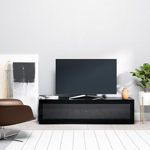 SONOROUS ST-160 - Soporte de TV premium con cubierta de vidrio negro y madera negra, centro de entretenimiento de lujo y consola multimedia para