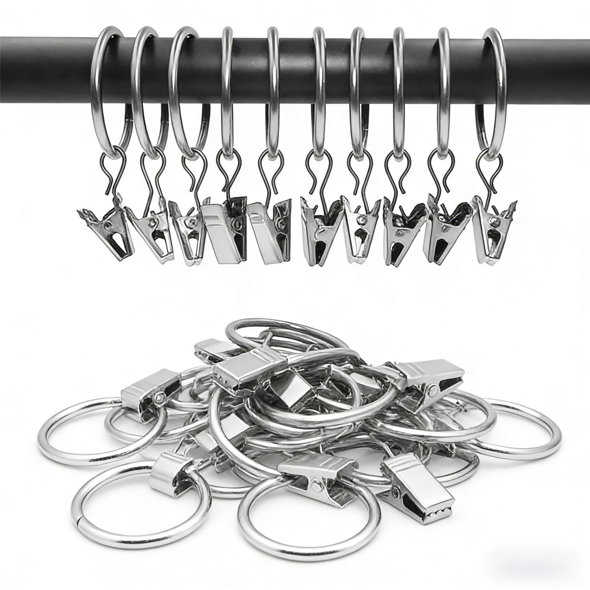 50 Pcs silver Metal Curtain Rings with Clips and Hooks, 32mm Curtain Pole Rings for Shower Rod & Window Drapery Hanging, Heavy Duty Curtain Hanging Rings for Home Bedroom Bathroom