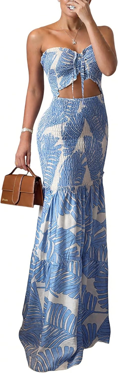 CHICME Floral Printed Prom Dress Tie Ruched Shirred Bandeau Party Dress Slim Fit Ruffle Hem Vacation Dresses