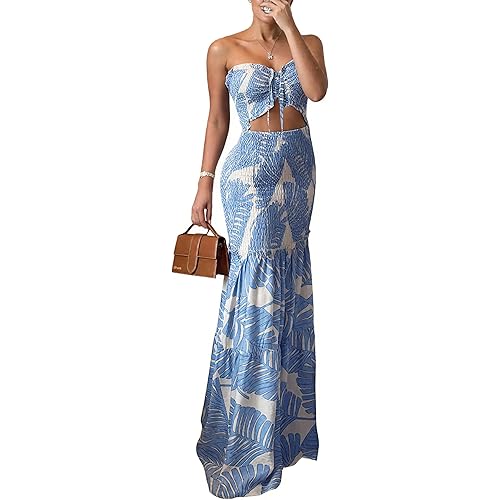 CHICME Floral Printed Prom Dress Tie Ruched Shirred Bandeau Party Dress Slim Fit Ruffle Hem Vacation Dresses
