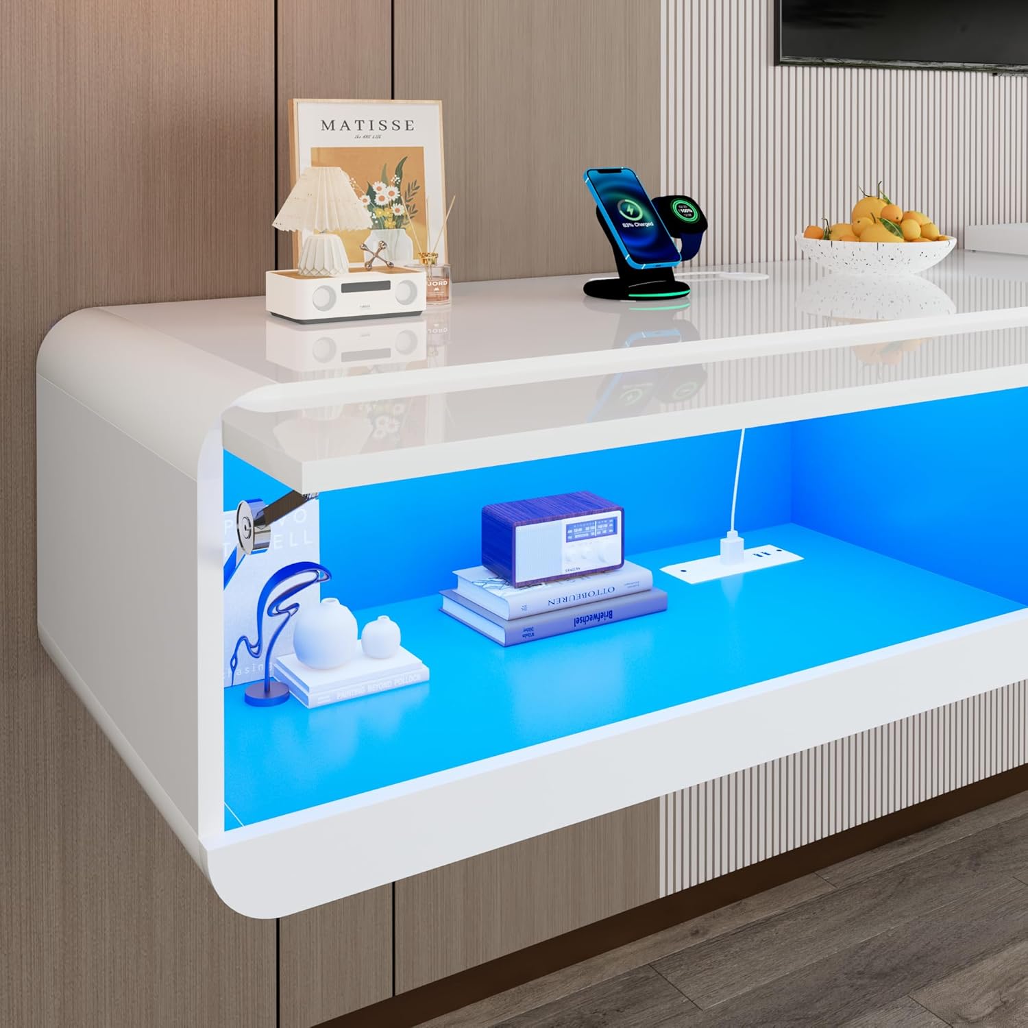 St.Mandyu Floating LED TV Stand for TVs Up to 100 inch, 94.5 inch Modern Entertainment Center with Led Lights & Power Outlet, Wall Mounted Hanging Media Console for Living Room, White