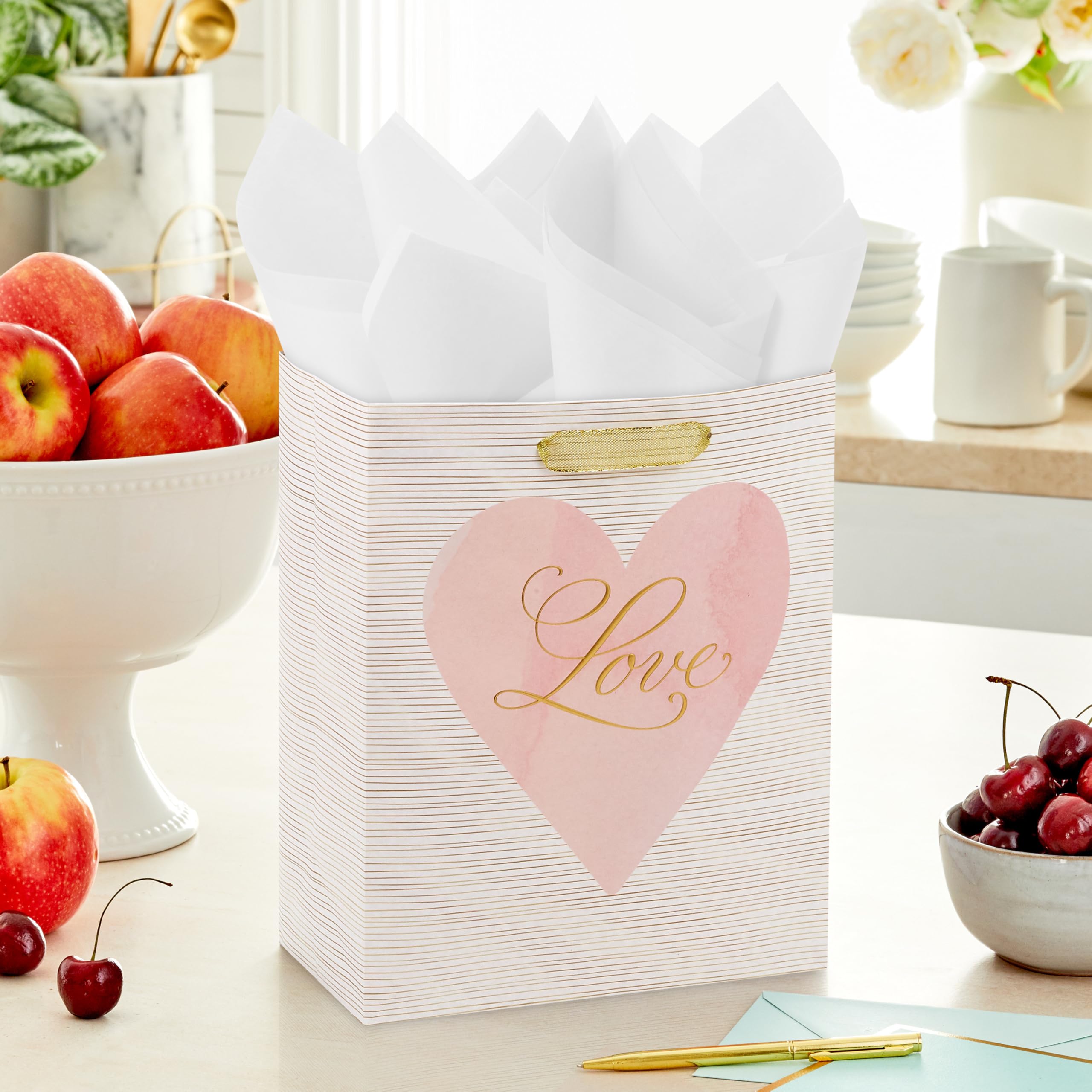 Hallmark 9" Medium Gift Bag with Tissue Paper (Love Pink and Gold Heart) for Valentine's Day, Weddings, Engagements, Bridal Showers