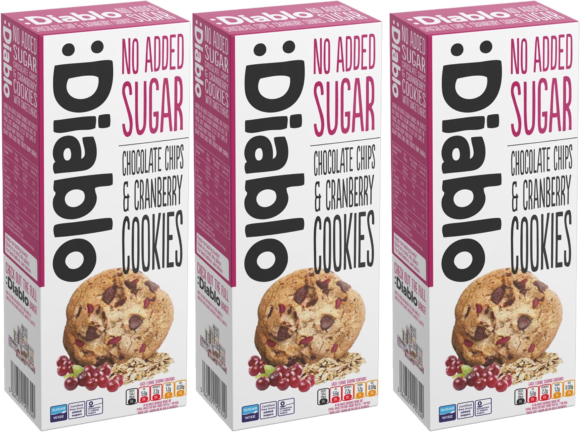 Diablo No Added Sugar Cookies, Chocolate Chips & Cranberry – Low Sugar Snacks, Cookies Biscuits for All, Sweetened with Maltitol, Ideal for Gifting, Festive Hampers & Holiday Events – 135g Pack of 3