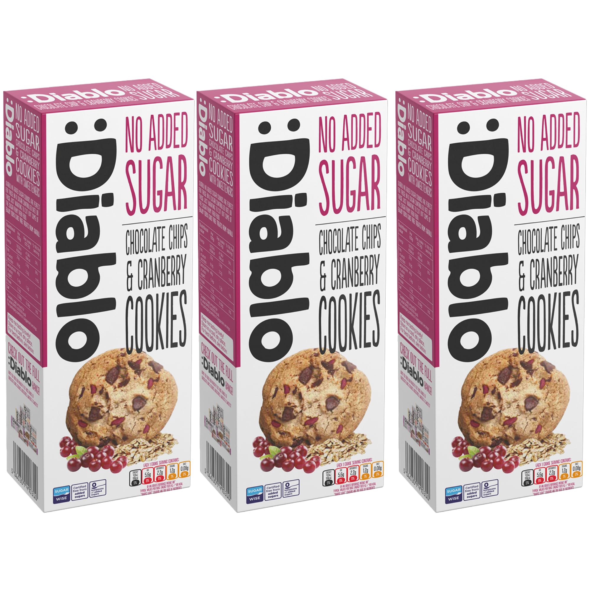 Diablo No Added Sugar Cookies, Chocolate Chips & Cranberry – Low Sugar Snacks, Cookies Biscuits for All, Sweetened with Maltitol, Ideal for Gifting, Festive Hampers & Holiday Events – 135g Pack of 3