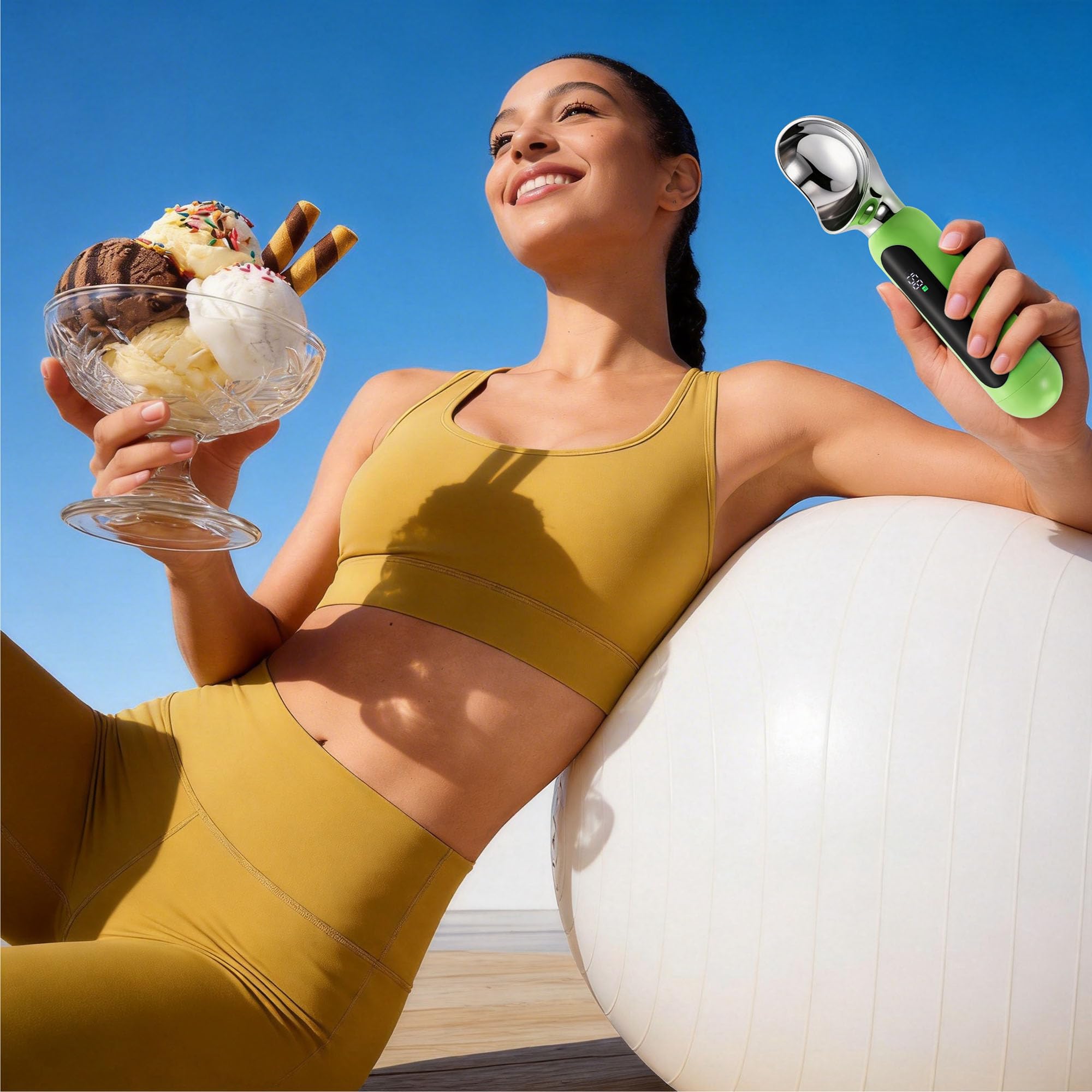 Paletta per gelato riscaldata, ricaricabile, elettrica, con display a LED, interruttore on/off, impermeabile IP67, riscalda fino a 70 °C, per gelato duro (verde)