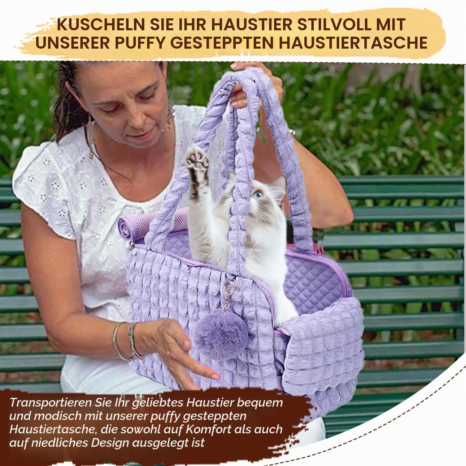 uuclume Weiche Tragetaschen für Katzen, modische Luftpolstertasche, Gesteppte Handtasche mit flauschigem Ball und belüfteten Netz-Reißverschlüssen für 5 kg Welpen / 6,8 kg Katzen (schwarz)