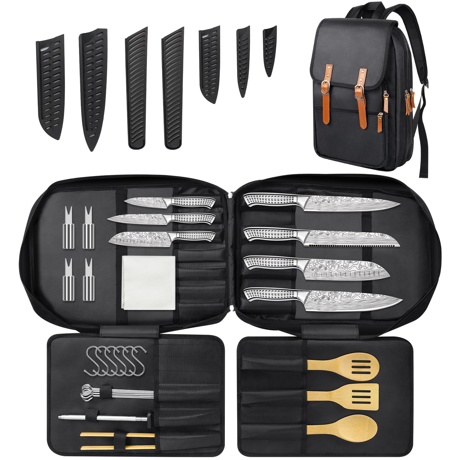 MOSFiATA Set Coltelli Cucina 39 Pezzi con Borsa per BBQ Esterno- Include 7 Coltelli Professionali, Acciaino, Spatola Risotto, Spatola Fessurata, Mestolo, Pinza, Spiedini, Gancio Carne, PortaPannocchie