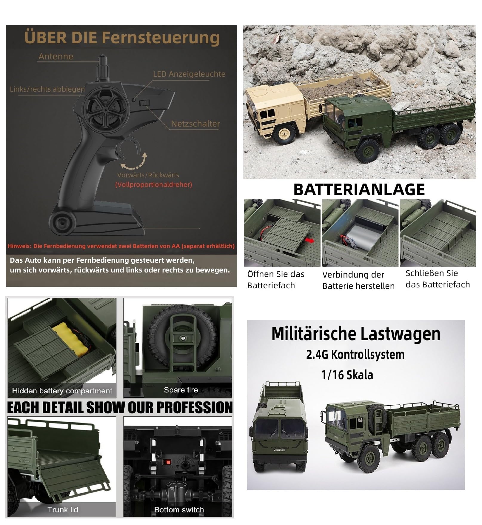 RTR RC LKW Militär Army Truck Komplett Off Road Lastwagen 1:16 Q64 6WD 2,4G Fernbedienung Modell Simulation Transporter Grün Geschenke für Jungen und Männer
